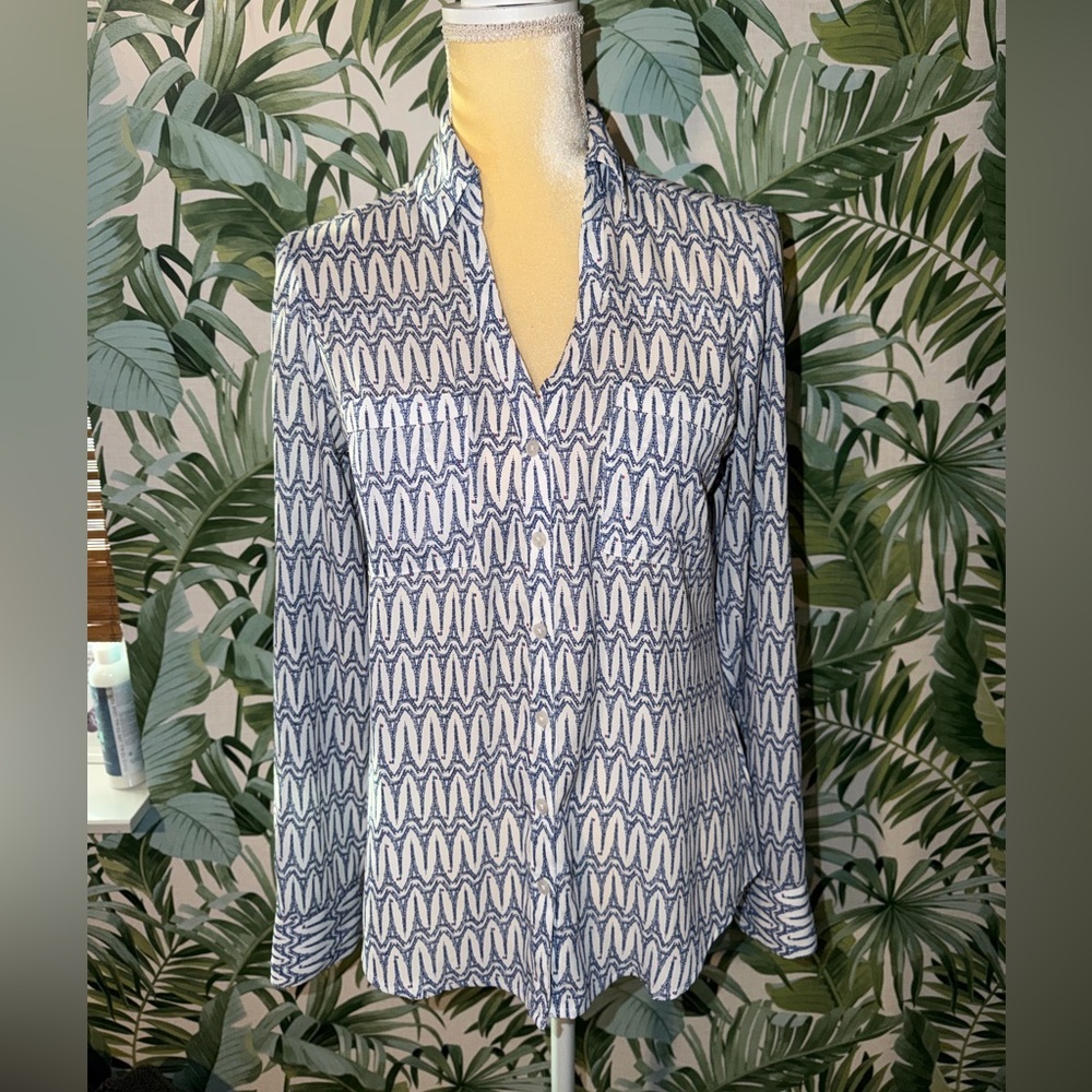 Express Portofino Paris Eiffel Tower Blue and White Long-Sleeve Blouse XS